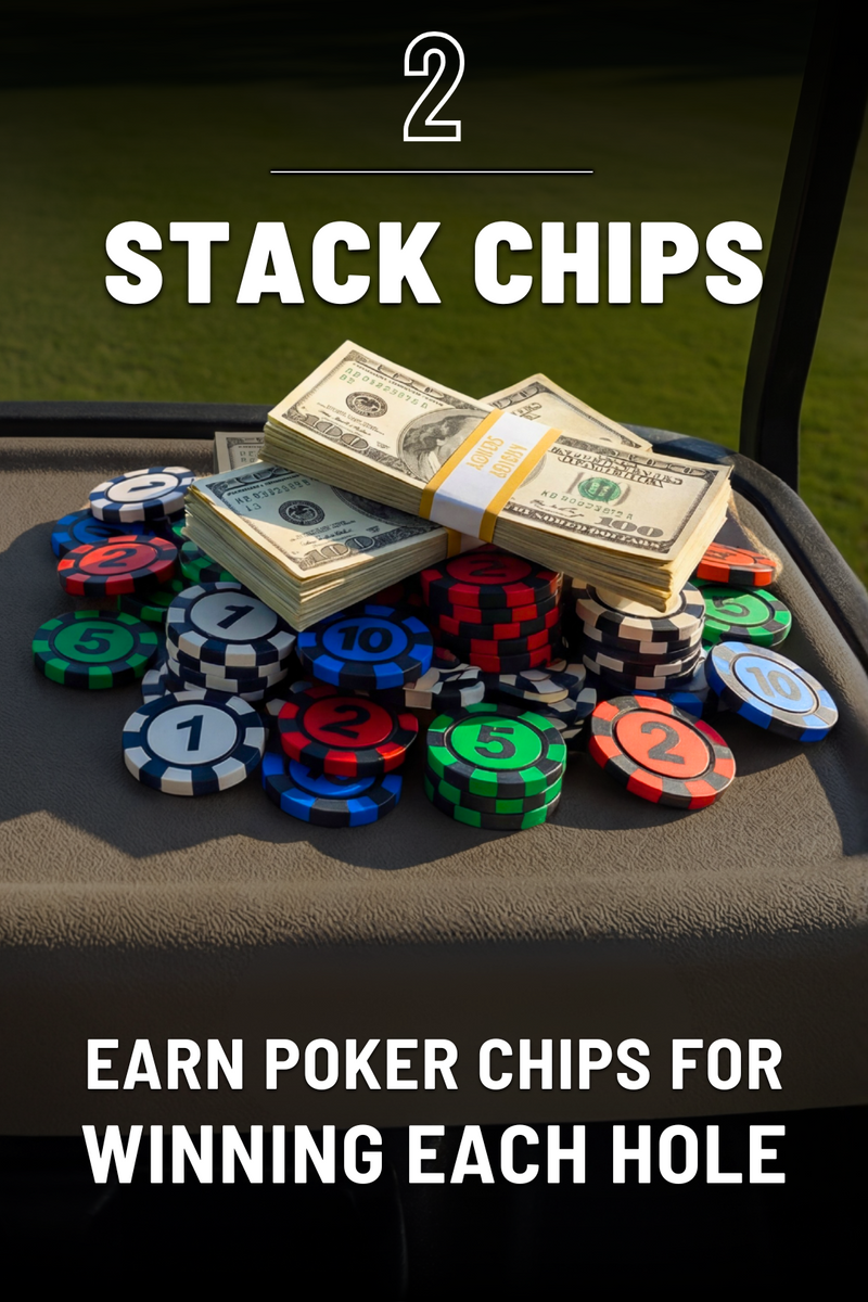 Poker chips and money on a table with text about earning poker chips for winning each hole.