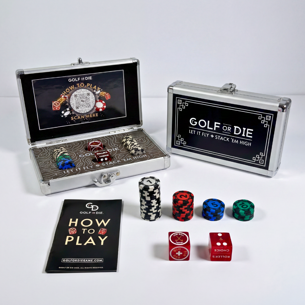 Golf or Die dice set with metal cases and dice on a white background